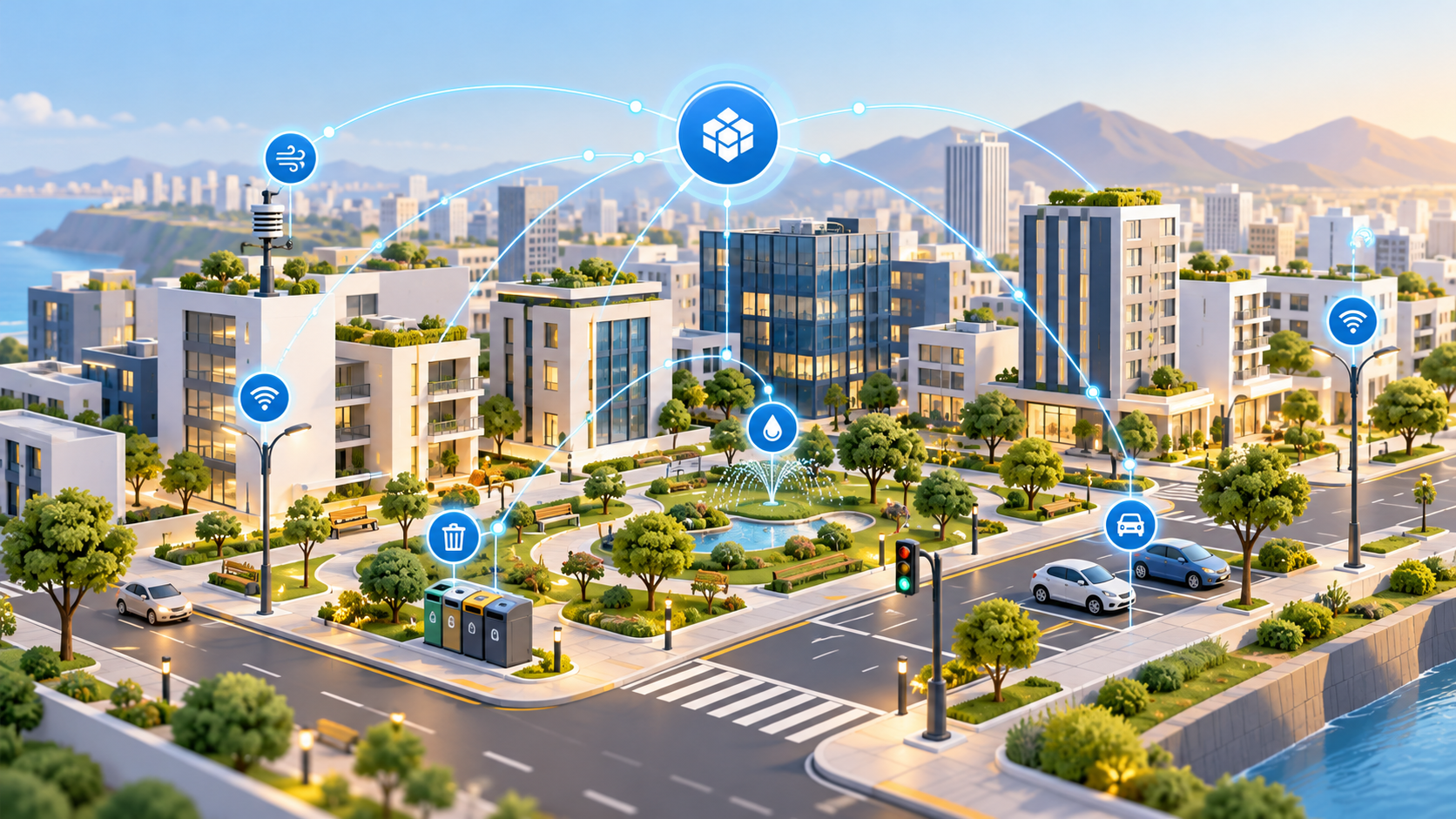 Ilustración de un distrito urbano conectado con monitoreo ambiental, riego, movilidad y alumbrado inteligente