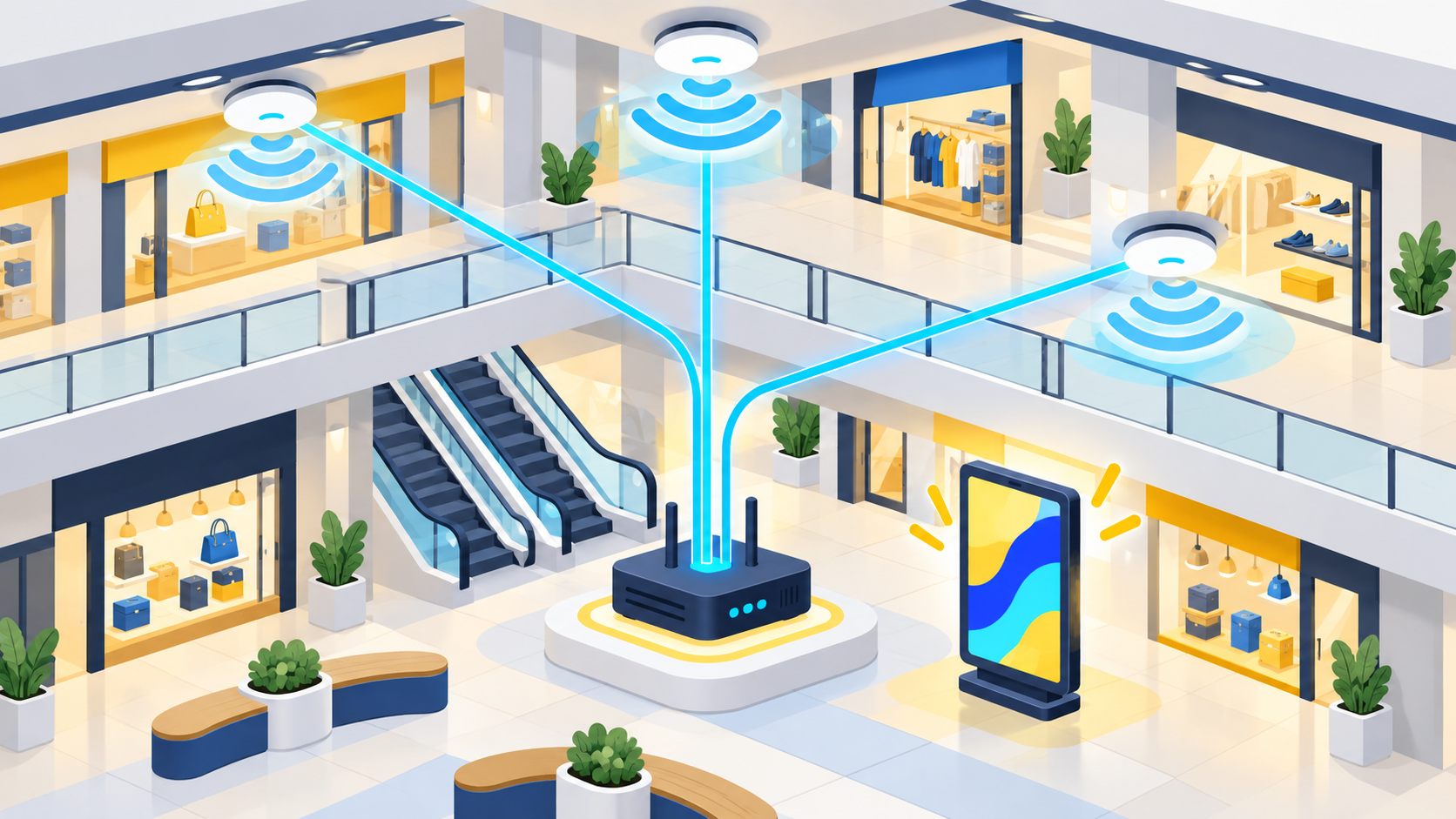 Dibujo de red Wi-Fi gestionada en un centro comercial, con puntos de acceso y paneles promocionales